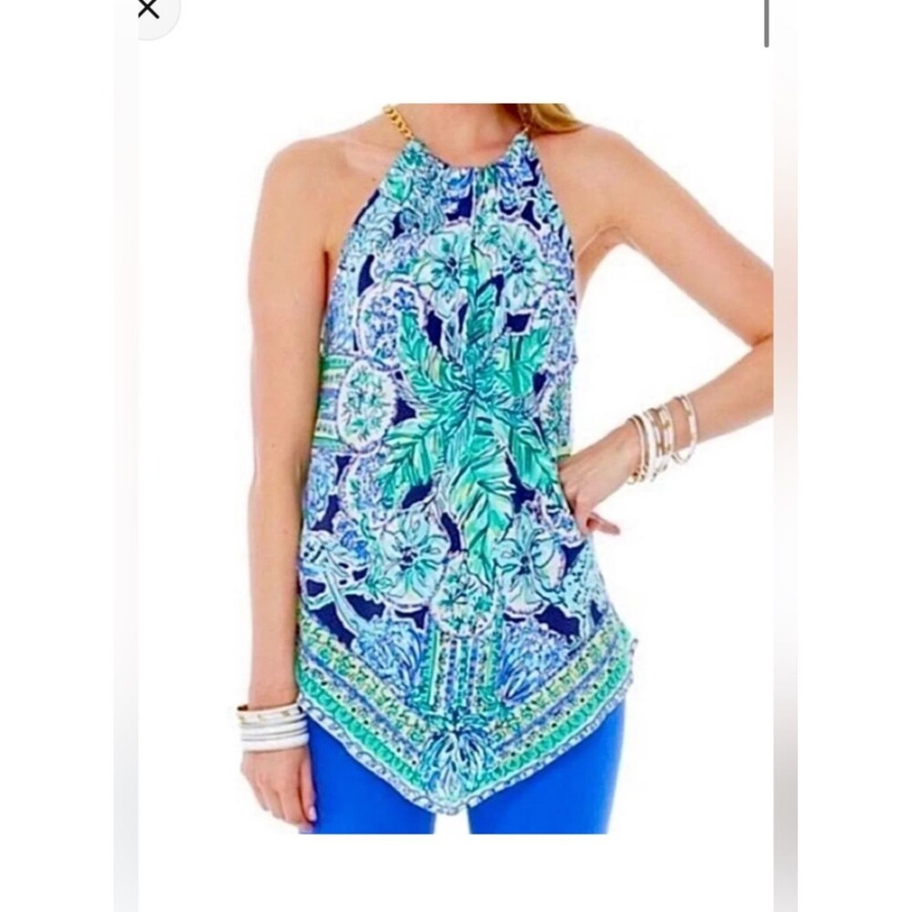 Lilly Pulitzer XS 100% Silk Cabana Escape Artist Halter Top Vibrant Classic